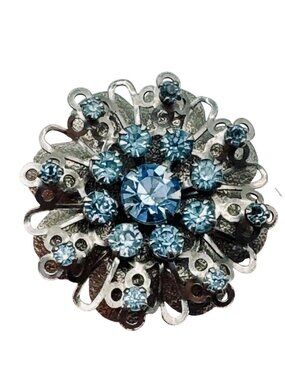 Vintage Blue Glass Rhinestone Brooch 1950s Atomic Starburst Silver Tone